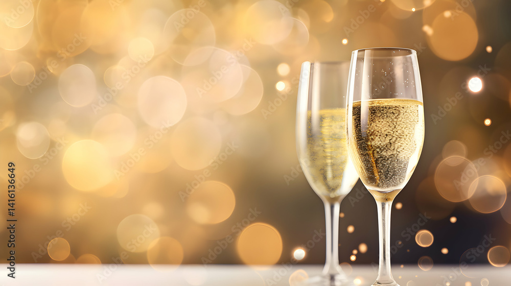 Celebratory toast with sparkling champagne on a golden bokeh background scene Celebratory toast with sparkling champagne on a golden bokeh background scene