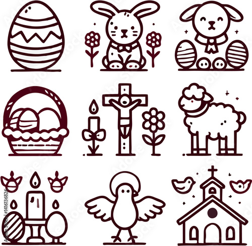 Vector Illustration of Easter Symbols: Bunny, Eggs, Cross