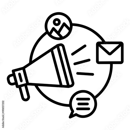Integrated Marketing Communication, with Megaphone, Email, Chat – Multichannel Strategy, Brand Messaging, Audience Engagement, Digital Marketing Symbol for Promotions