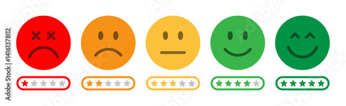 Smiley face icons showing feedback levels with star ratings. Customer satisfaction scale from very bad to excellent. Colorful emojis for review, survey, and user experience design. Rating emoji, icons