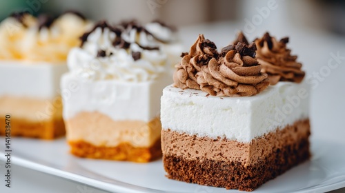 Whipped cream and chocolate swirl layered dessert on white plate with caramel crumble and blurred background in high resolution delicious food stock photo