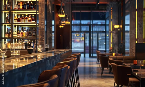 Elegant bar & restaurant interior. Warm lighting illuminates seating, tables, and bottles. City view seen through windows