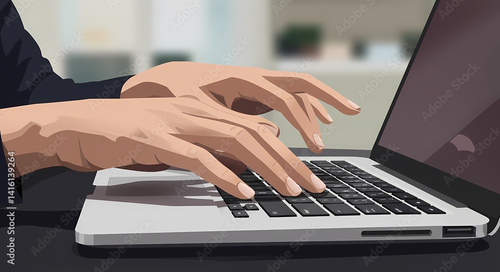 The image shows a close-up of hands typing on a silver laptop keyboard, suggesting someone is working, studying, or communicating online. The image shows a close-up of hands typing on a silver laptop keyboard, suggesting someone is working, studying, or communicating online.