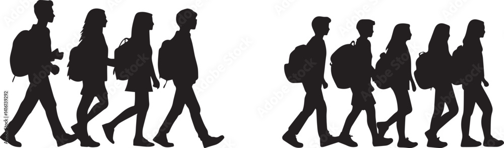 Students Walking Silhouette Vector. Group Backpack People Clipart Students Walking Silhouette Vector. Group Backpack People Clipart