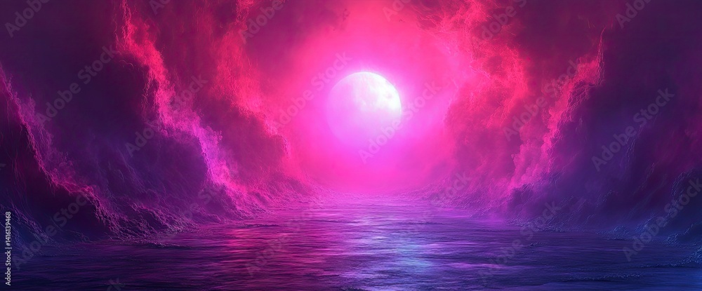 Fototapeta premium Neon moon illuminates a dreamlike scene, with swirling clouds and mirrored reflections