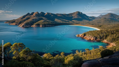Picturesque bay nestled within majestic Tasmanian mountains.