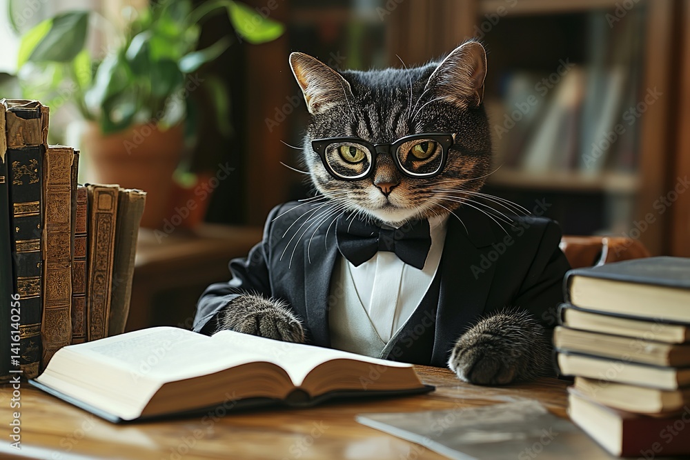 Elegant Cat in Suit Reading Book Glasses Library Bookshelf Intellectual Animal Professor Feline Gentleman Smart Studying Home Office Desk pet cute Elegant Cat in Suit Reading Book Glasses Library Bookshelf Intellectual Animal Professor Feline Gentleman Smart Studying Home Office Desk pet cute