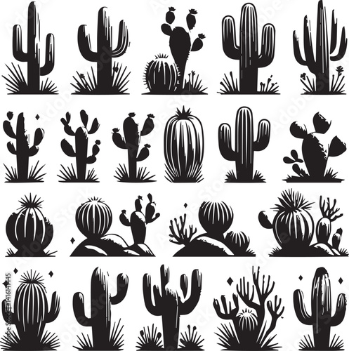cactus set illustration, cactus set clipart, cactus set silhouette vector black and white