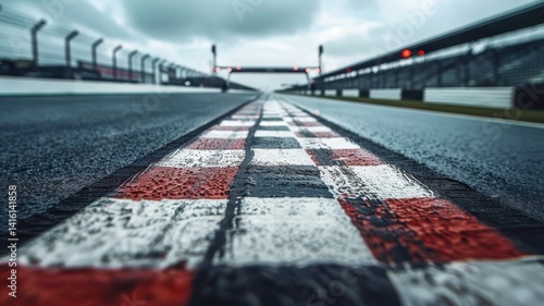 A close-up view of the finish line at Silverstone Circuit, showcasing the detailed checkered pattern on the wet asphalt, set under a cloudy sky.