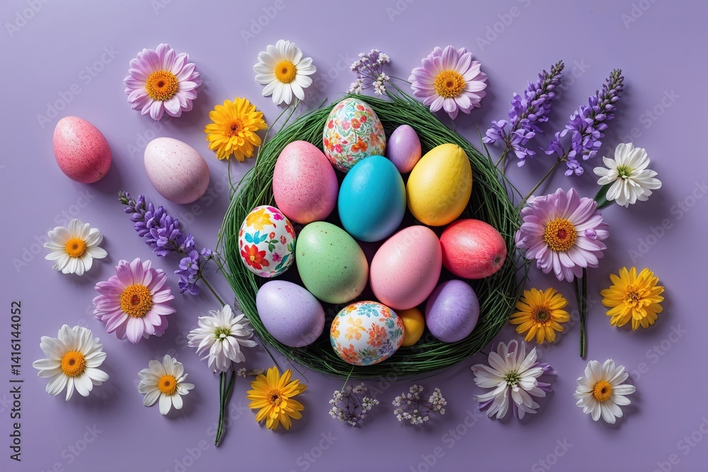 Vibrant Easter Arrangement with Colorful Eggs and Blooming Flowers on Soft Lavender Background Vibrant Easter Arrangement with Colorful Eggs and Blooming Flowers on Soft Lavender Background