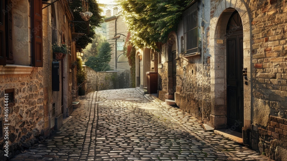 A serene narrow cobblestone alleyway bathed in warm sunlight, surrounded by charming rustic buildings and lush greenery, perfect for a peaceful stroll. A serene narrow cobblestone alleyway bathed in warm sunlight, surrounded by charming rustic buildings and lush greenery, perfect for a peaceful stroll.