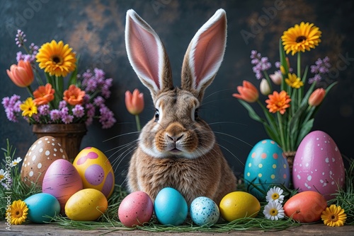 Cheerful Easter Backdrop with Bunny Ears, Colorful Eggs, and Seasonal Flowers for Spring Celebration