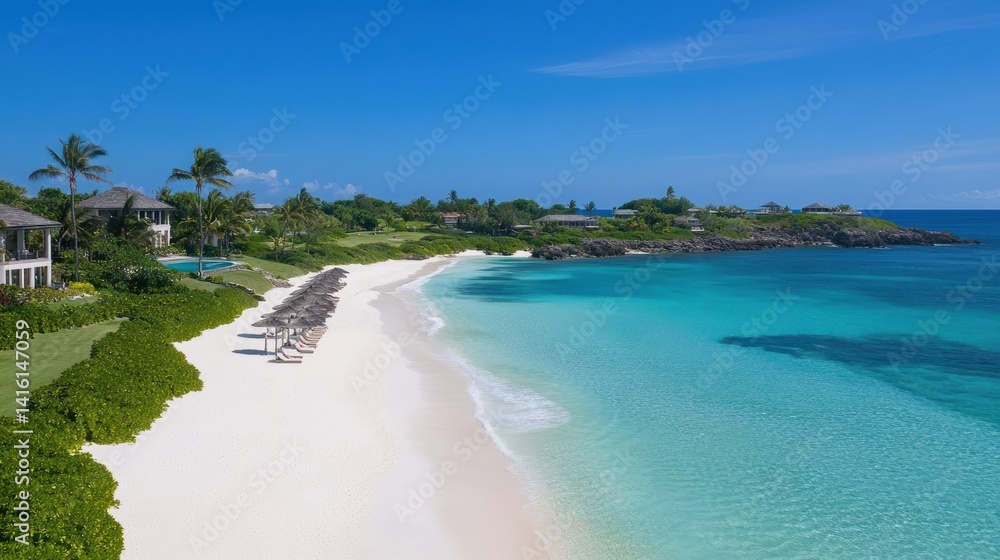 A beautiful pristine beach with clear turquoise water and luxury homes A beautiful pristine beach with clear turquoise water and luxury homes