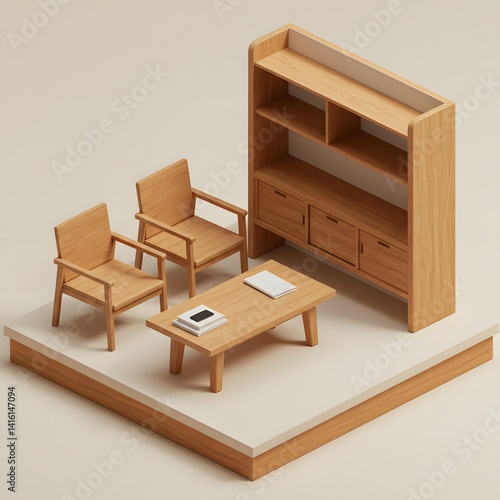 Isometric view of a wooden living room set with two chairs table and bookshelf