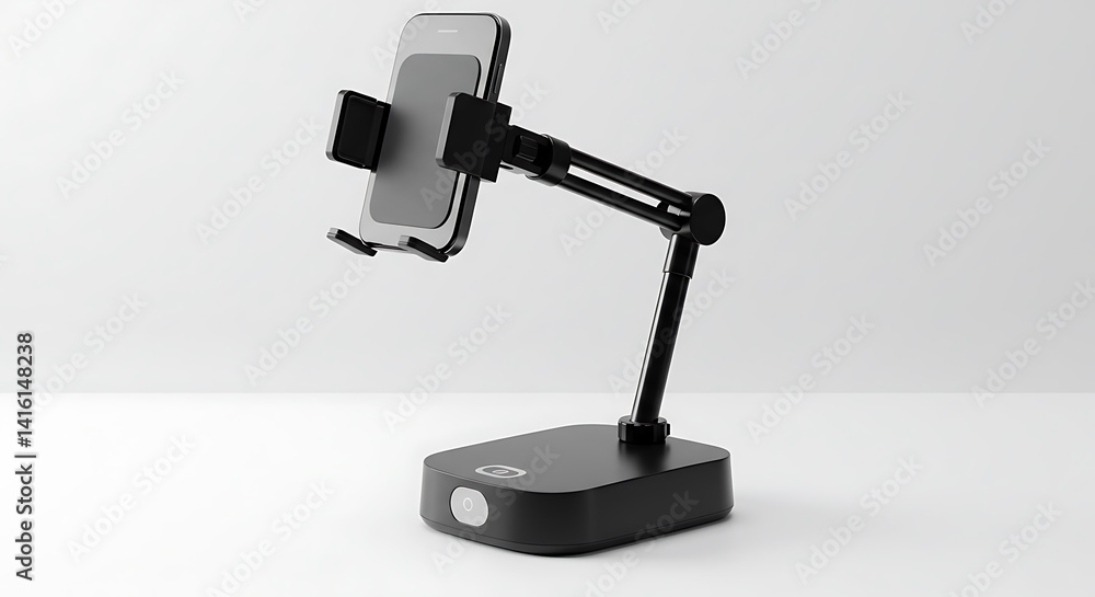 Articulated cell phone stand for table with height adjustment, on white background Articulated cell phone stand for table with height adjustment, on white background
