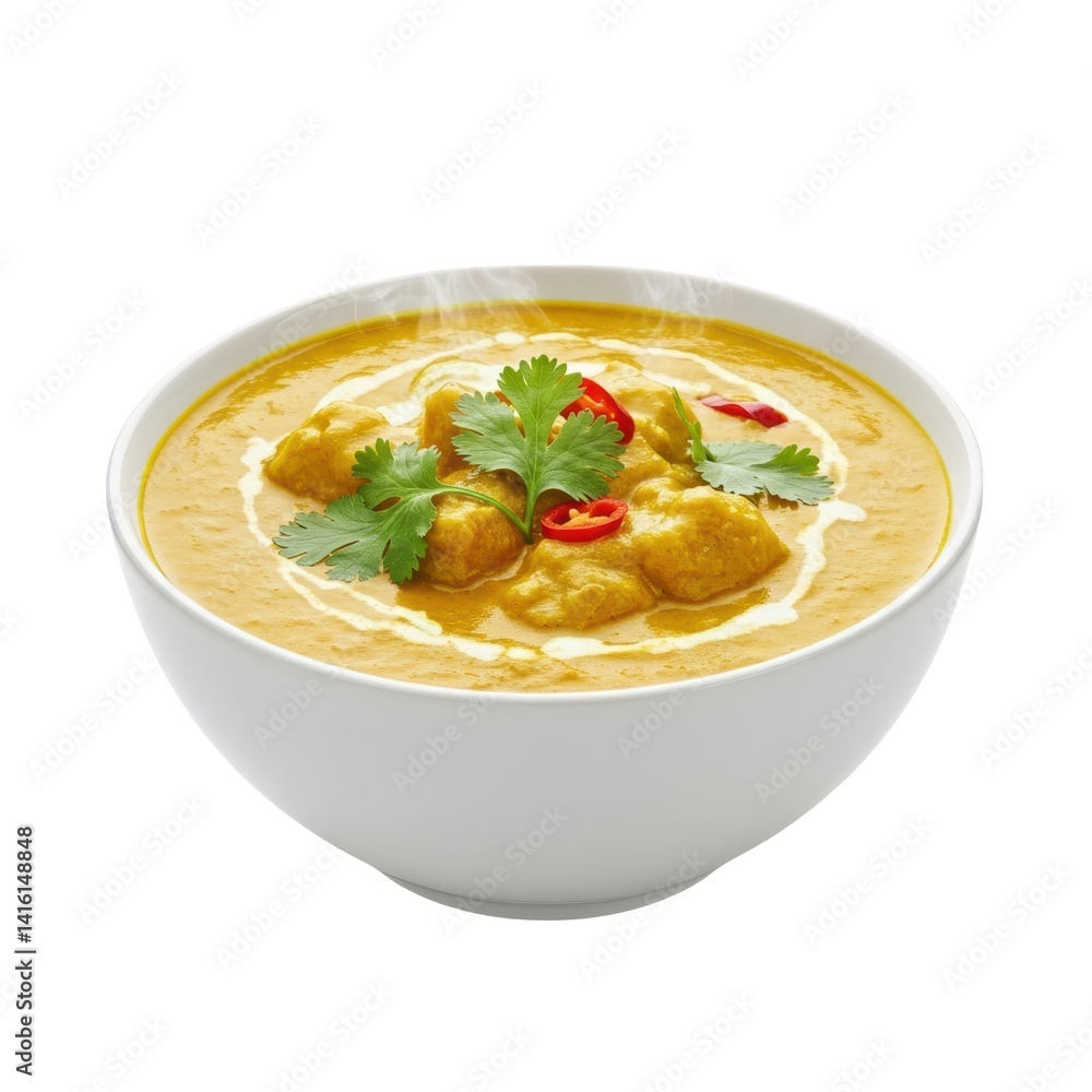 Chicken curry bowl with cilantro on white background Chicken curry bowl with cilantro on white background