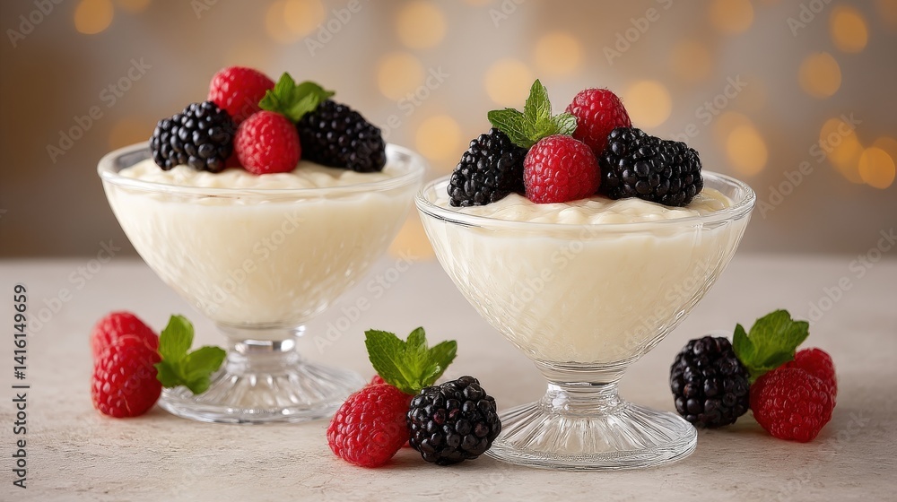 Glass dessert cups with white cream and assorted fresh berries on top placed against bright background in high resolution food styling shot with natural light and gourmet presentation setup Glass dessert cups with white cream and assorted fresh berries on top placed against bright background in high resolution food styling shot with natural light and gourmet presentation setup
