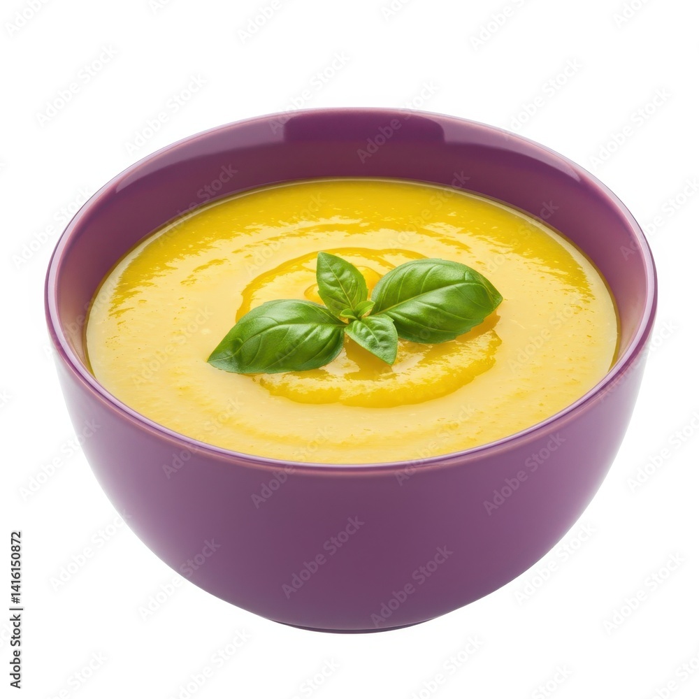 Bowl of squash soup with basil leaves on white background Bowl of squash soup with basil leaves on white background