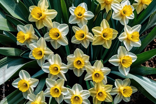 Top-Down Flatlay of Fresh Yellow Daffodils in Sunshine with Green Leaves