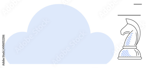 Minimal design with a cloud outline and a chess knight evokes data storage, clever solutions. Ideal for planning, technology, analytics, strategy, cloud, security innovation. Flat simple metaphor
