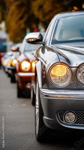 Elegant cars in a line, blurred background
