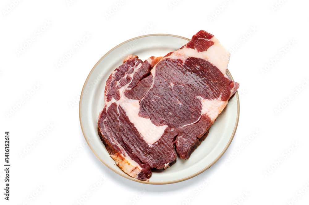 Steak and lamb chops, fresh grilled meat, solid white background Steak and lamb chops, fresh grilled meat, solid white background