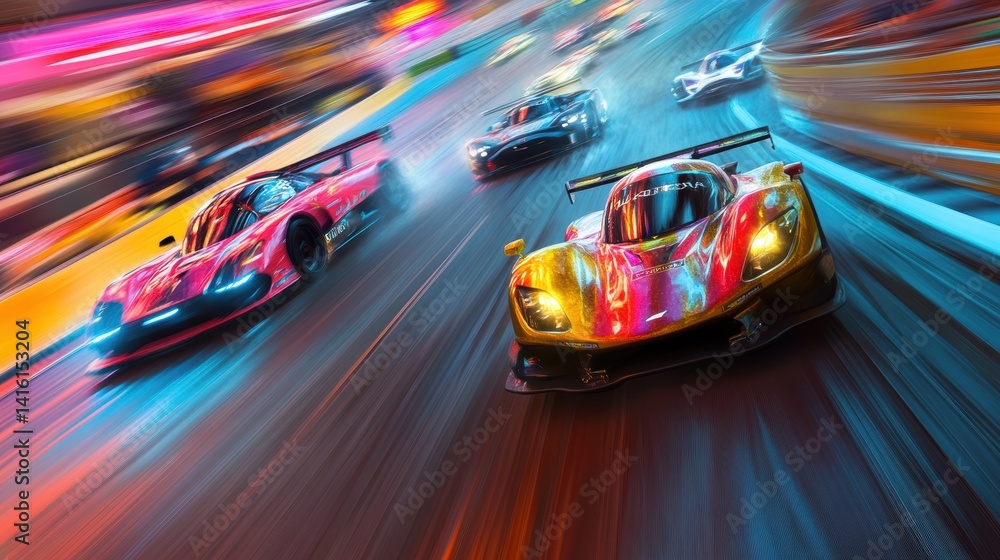 High-Speed Racing Action with Dynamic Motion Blur of Super Cars on a Night Track in Vibrant Colors