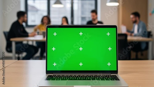Laptop with Green Screen Display in Modern Office Environment  