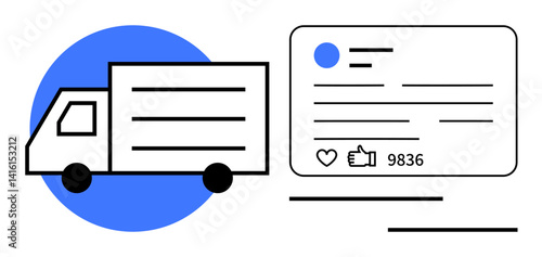 Delivery truck beside a social media post with thumbs ups, hearts, and comments showing user engagement. Ideal for e-commerce, delivery, digital business, social media, marketing, logistics simple