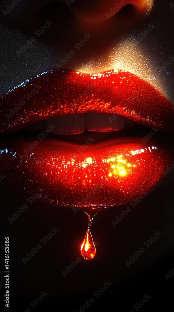 Glossy red lips with a dripping liquid shine, under dark background, a sensual close up Glossy red lips with a dripping liquid shine, under dark background, a sensual close up