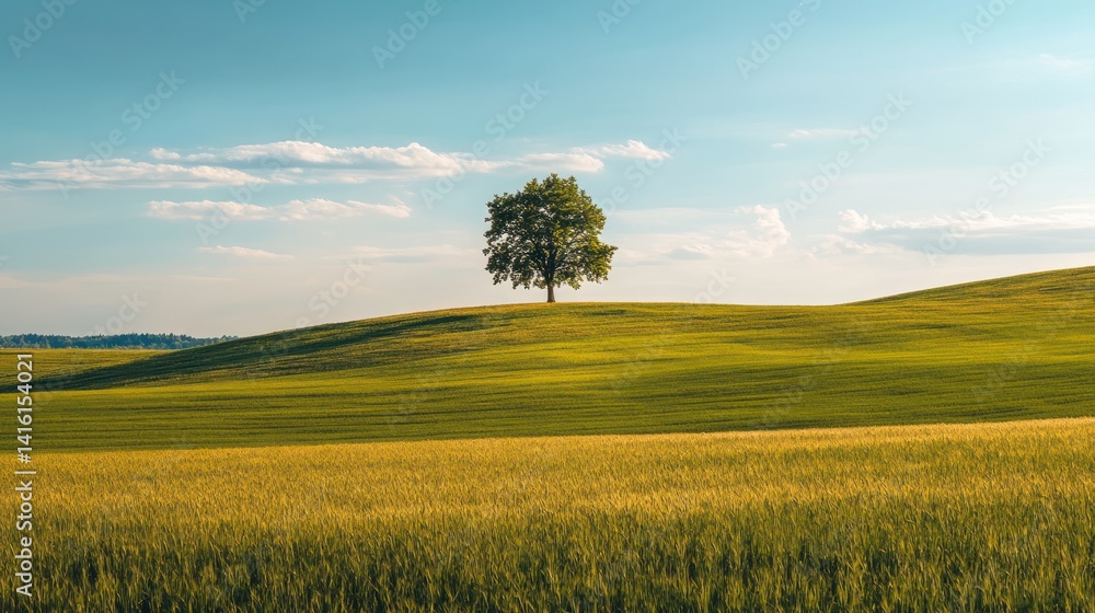 Obraz premium A solitary tree stands atop a green field under a blue sky