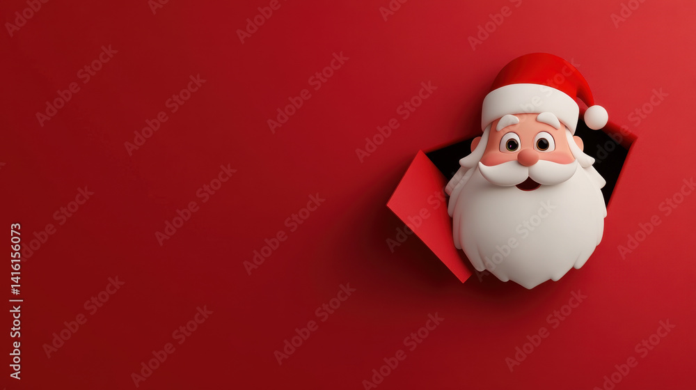 3D cartoon Santa with joyful expression peeking through red background, showcasing festive and cheerful holiday spirit. Perfect for Christmas themed designs 3D cartoon Santa with joyful expression peeking through red background, showcasing festive and cheerful holiday spirit. Perfect for Christmas themed designs