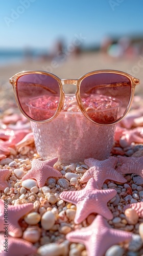 Beach scene with sunglasses, starfish, and pebbles creates a bright summer vibe