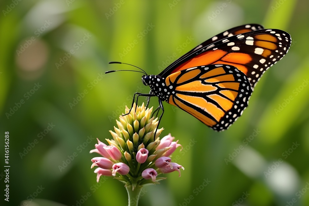 A monarch butterfly laying eggs on a milkweed plant A monarch butterfly laying eggs on a milkweed plant