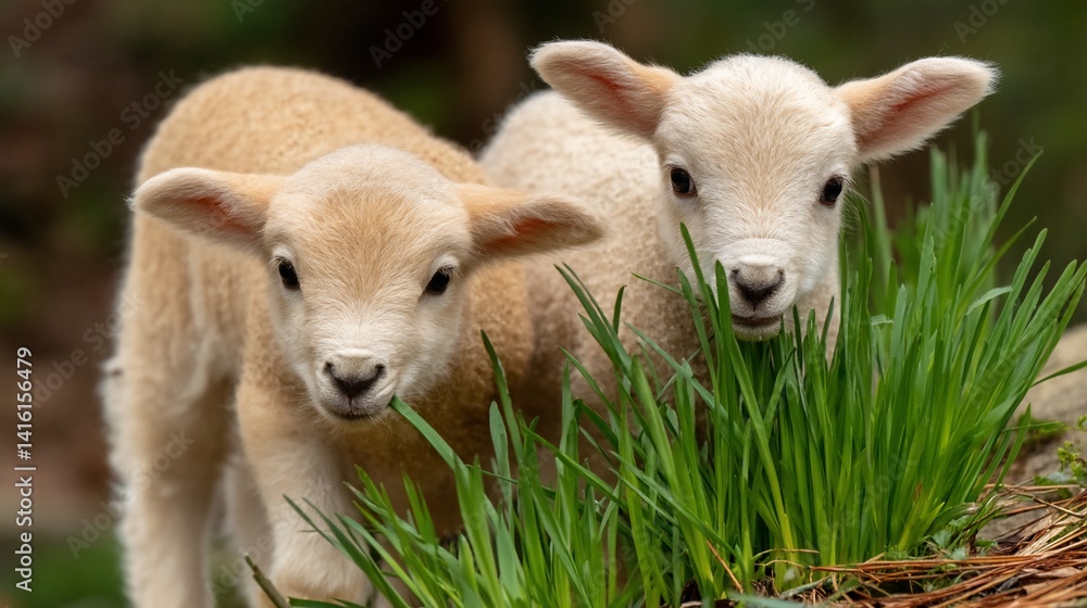 Two fluffy lambs peek through tall green grass, looking adorable Two fluffy lambs peek through tall green grass, looking adorable