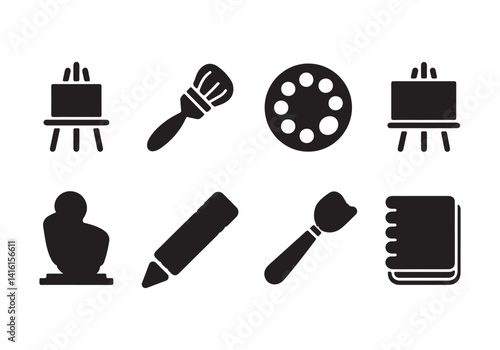 Art Creative Tools Icons - Vector Set Featuring Brushes, Easels, and Art Supplies