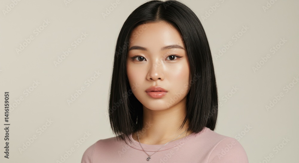 Young asian woman with short black hair wearing a pink top. Young asian woman with short black hair wearing a pink top.
