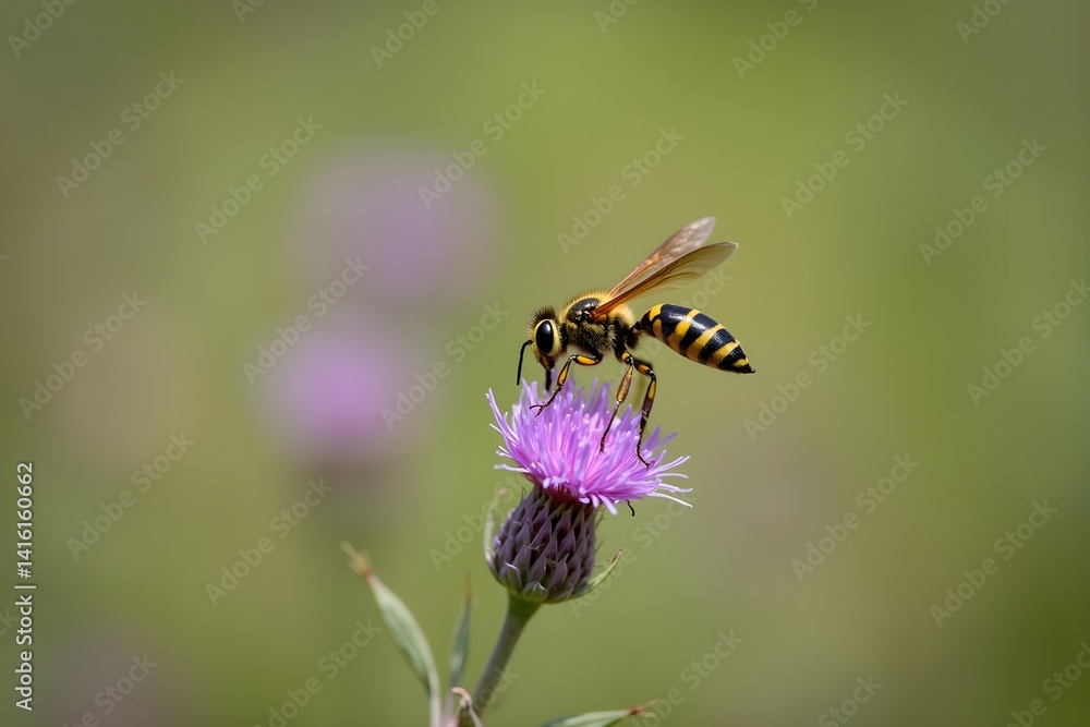 A wasp hovering near a purple wildflower in sharp focus A wasp hovering near a purple wildflower in sharp focus