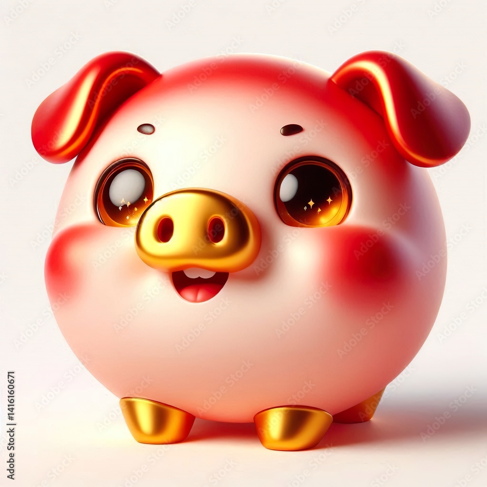 A cheerful 3d anthropomorphic cute pig with a rounded body, short legs, and big ears, featuring bright, red and gold colors Chinese New Year concept A cheerful 3d anthropomorphic cute pig with a rounded body, short legs, and big ears, featuring bright, red and gold colors Chinese New Year concept