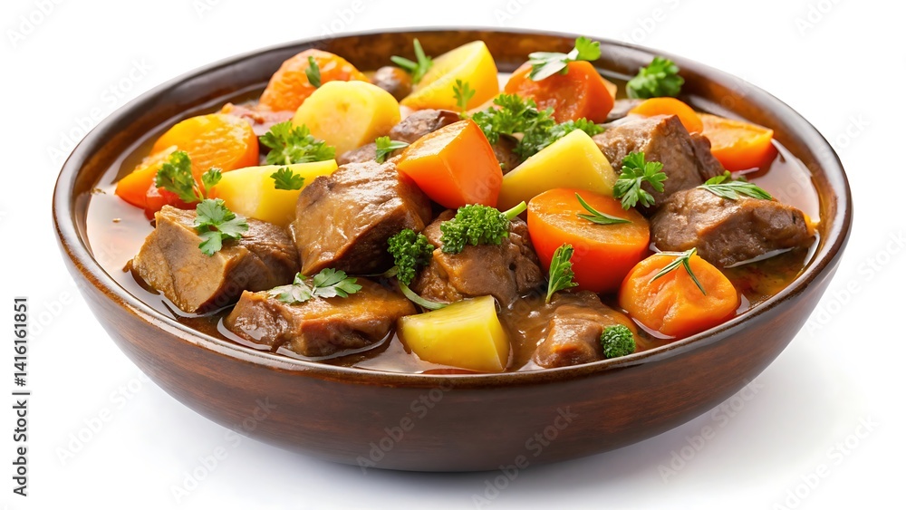A bowl of hearty beef stew with carrots and potatoes, isolated on a white background A bowl of hearty beef stew with carrots and potatoes, isolated on a white background