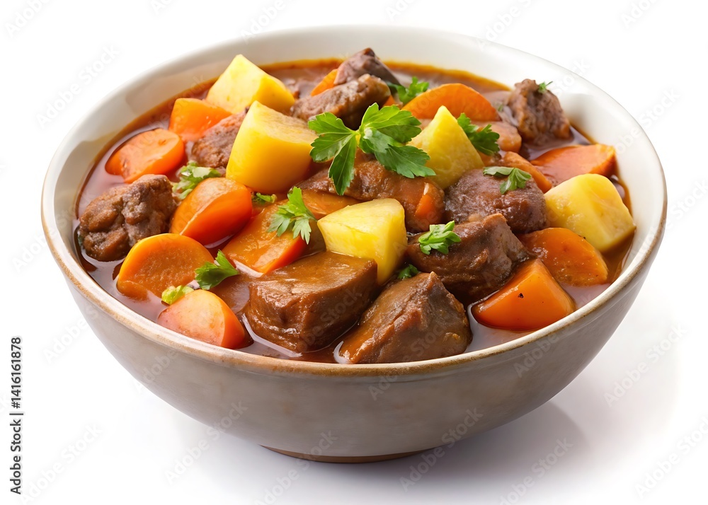 A bowl of hearty beef stew with carrots and potatoes, isolated on a white background A bowl of hearty beef stew with carrots and potatoes, isolated on a white background