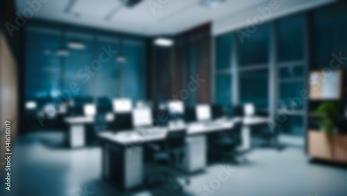 At night beautiful Abstract blurred office interior room. blurry working space with defocused effect