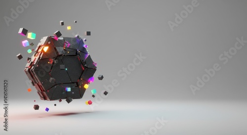 Abstract Hexagonal Structure with Vibrant Exploding Colorful Cubes 3D Render
