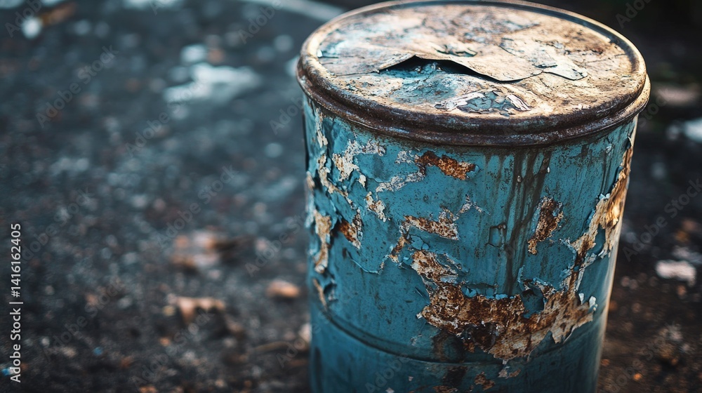 Rusty Blue Metal Barrel Surrounded by Weathered Surface with Aging Paint and Textures Rusty Blue Metal Barrel Surrounded by Weathered Surface with Aging Paint and Textures