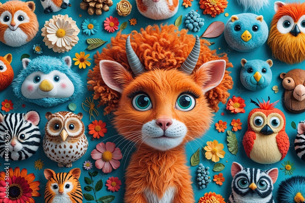 Obraz premium Colorful and Playful Animal Collection Backdrop Featuring Bright Palette and Aerial Perspective