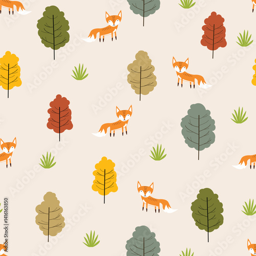 Childish and playful Seamless pattern with cute cartoon animals fox and tree vector illustration for wrapping paper, t-shirt, printing, packaging, fabric, clothing and others