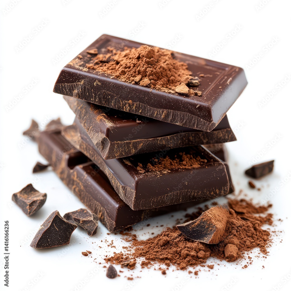 Dark Chocolate Pieces and Cocoa Powder on White Background Dark Chocolate Pieces and Cocoa Powder on White Background