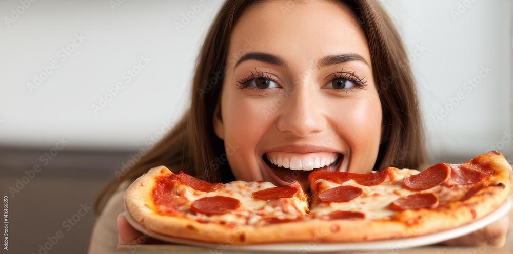 Happy Young Woman Enjoying Pepperoni Pizza Close Up Happy Young Woman Enjoying Pepperoni Pizza Close Up