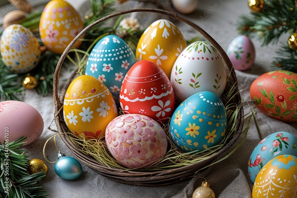 Fototapeta premium Cheerful Easter Egg Set: Joyful Hand-Painted Holiday Ornamentation and Distinct Decorative Design