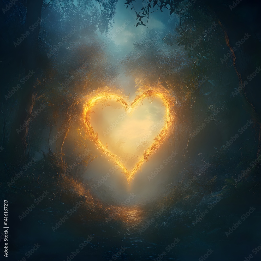 Fiery Heart in Misty Forest Path Fiery Heart in Misty Forest Path